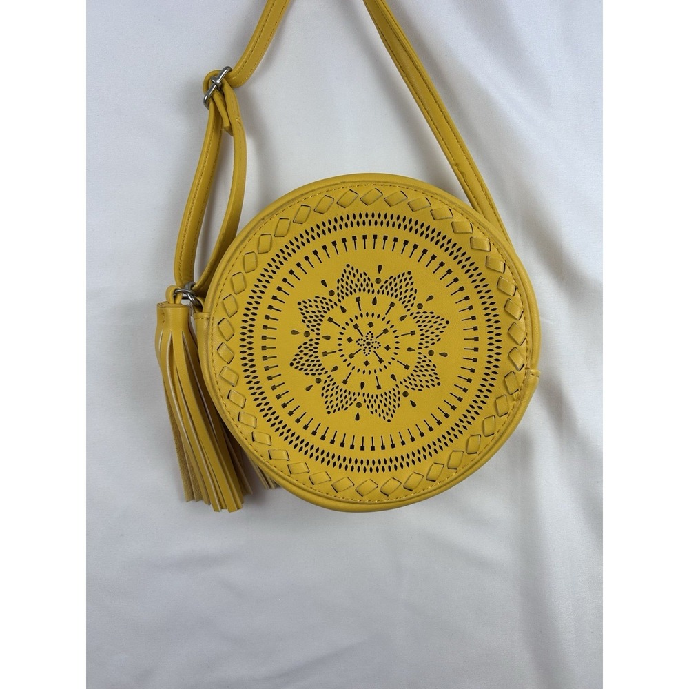 Art Class Golden Yellow Cross‎ Body Bag Round Purse Mandala Pattern With Tassel